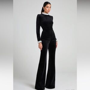 NADINE MERABI Meghan Black Jumpsuit Black Flare Jumpsuit with Pearl Accents NWT